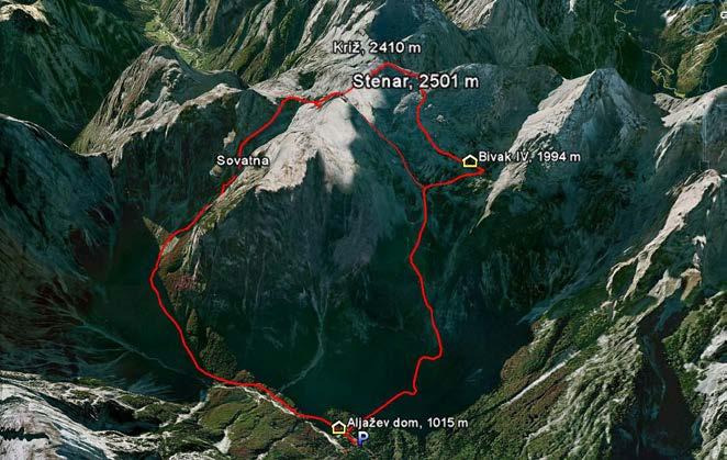 Križ, 2410 m, in Stenar, 2501 m Stenar je s svojo vzhodno steno vsekakor najbolj markantna gora poleg Triglava in njegove severne stene v dolini Vrata.