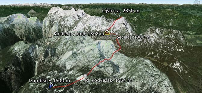 Ojstrica, 2350 m, od Kocbekovega doma Pot čez južno pobočje na Ojstrico sodi med najlažje pristope na to markantno goro.