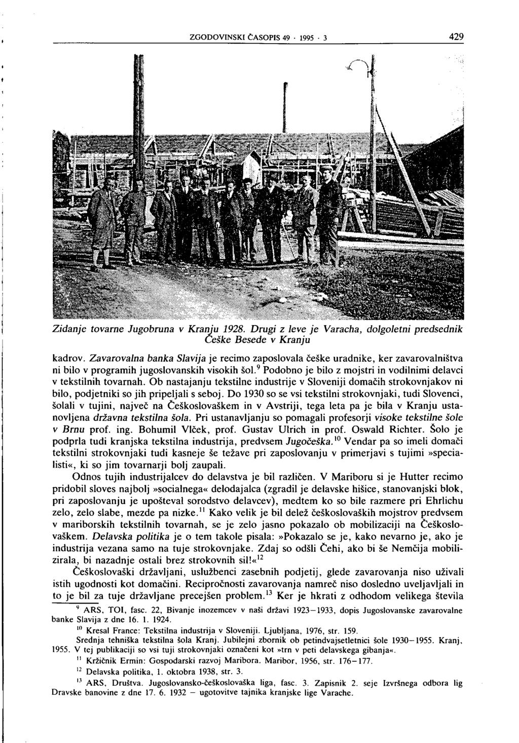 ZGODOVINSKI ČASOPIS 49 1995 3 429 * v. "S» Zidanje tovarne Jugobruna v Kranju 1928. Drugi z leve je Varacha, dolgoletni predsednik Češke Besede v Kranju kadrov.