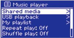Ko ste v načinu predvajalnika glasbe, pritisnite MENU in izberite mediji v skupni rabi. Opomba: Radio ne podpira predvajanja USB, kot je prikazano na spodnji sliki.