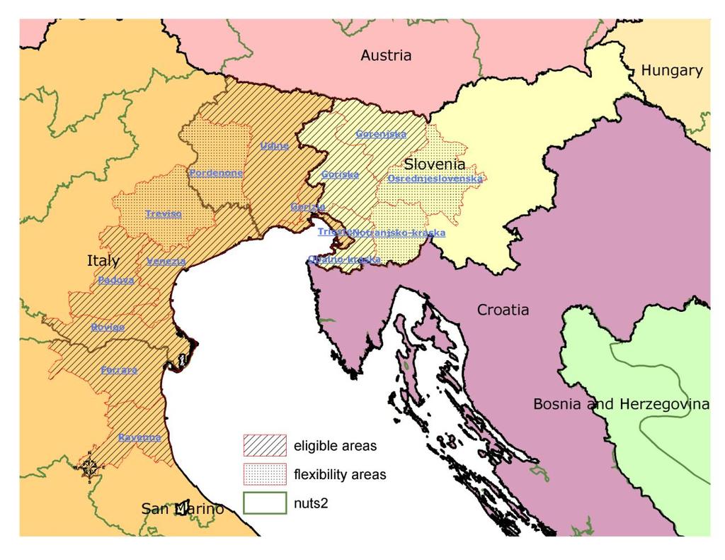 Slika 1: Zemljevid programskega območja Vir: SVLR, 2007 T. i. pravilo fleksibilnosti je novost, ki je omogočila nadaljnjo širitev in je podkrepljeno z naslednjimi argumenti glede na pokrajine oz.