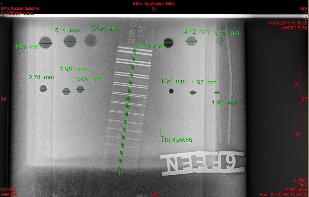 Rezultati in diskusija Slika 36: Območje B z rentgenom Radiogram območja B ima dober kontrast med umetnimi