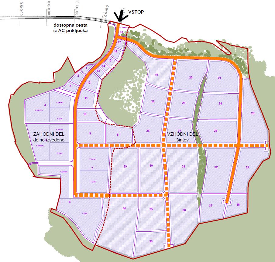 Slika: Prikaz razširjene GC Škrjanče; osnovna predlagan rešitev levo in varianta desno. Prikazan je predlog parcelacije; vijolična barva prikazuje območja za postavitev stavb.