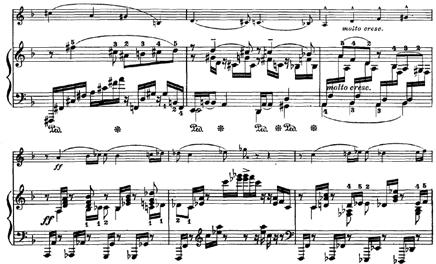 Violinski part, ki je popolnoma zreduciran na melodično linijo in ne vsebuje nikakršnih tehničnih problemov (če privzamemo, da je violinist sposoben igrati intonačno čisto), se zoperstavlja teksturi
