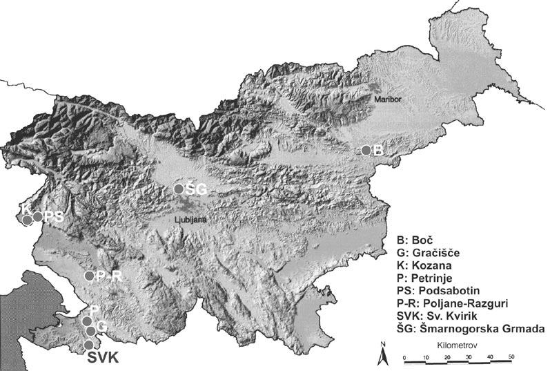 Jerše, M., Batič, F.: Morfološka analiza puhastega hrasta (Quercus pubescens Willd.) v Sloveniji 37 Slika 2: Prikaz raziskovalnih ploskev na pregledni karti Figure 2: Research plots on the map 2.