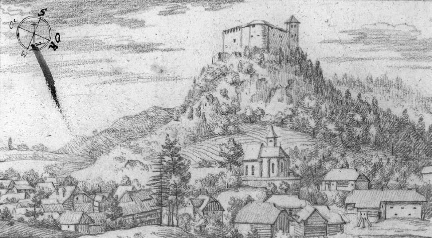 Naselbina Bela Peč z napol razkritim gradom z južne strani na risbi iz okoli leta 1678 v Valvasorjevi skicni knjigi za Topografijo Kranjske (Valvasor, Topografija Kranjske 1678 1679.