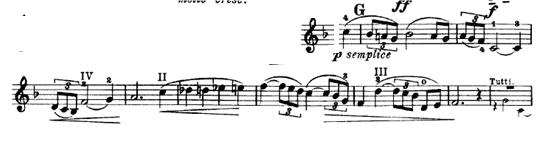 Bach, Wieniawski, Škerjanc - izbor treh del za violino 50 Za prvi stavek je značilen tematski dualizem. Napisan je v 4/4 taktovskem načinu. (Jabłoński in Jasińka, 2001) Prvi stavek je t.i. Allegro moderato, sestavljen je iz ritornella 1, epizode in ritornella 2.