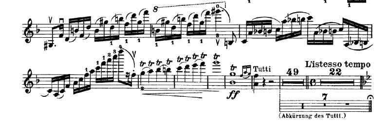Skladatelj je prvi stavek koncerta pompozno zaključil najprej s staccatom, povezanim v en lok v taktih 215, 216 ter 219, 220.