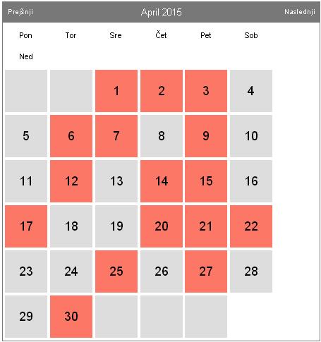 Na spodnji sliki vidimo, da je uporabniku ponujen koledarček treningov. Z rdečo so obarvani dnevi, ko mora uporabnik opraviti trening, svetlo modro pa so obarvani dnevi brez treninga.