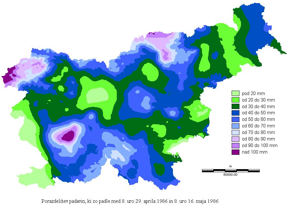 Slika 1. Padavinska karta v času černobilske nezgode v Sloveniji 2.