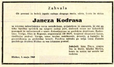 Vir: Glas, 7. 5. 1969 Gasilsko društvo Hlebce proda gasilski vpreţni GUMlVOZ-platen, primeren tudi za ostale prevoze.