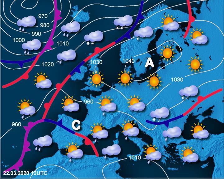 Splošna vremenska slika Na obrobju območja visokega zračnega tlaka je Slovenijo v nedeljo, 22. marca, od severovzhoda dosegla mrzla polarna zračna masa (slika 1).