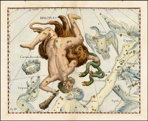 31 V starem zvezdnem atlasu prikazano ozvezdje Heraklej ali Herkul (Hercules), pri nas vidno zvečer od spomladi do jeseni.