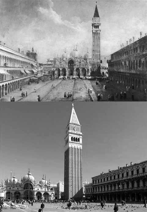 105 Slika 4: Kulturno-civilizacijsko merilo: gradnja cerkve sv. Marka v Benetkah se je začela v 12. stoletju in trajala je več stoletij (zgoraj upodobitev Caneletta, 1720).