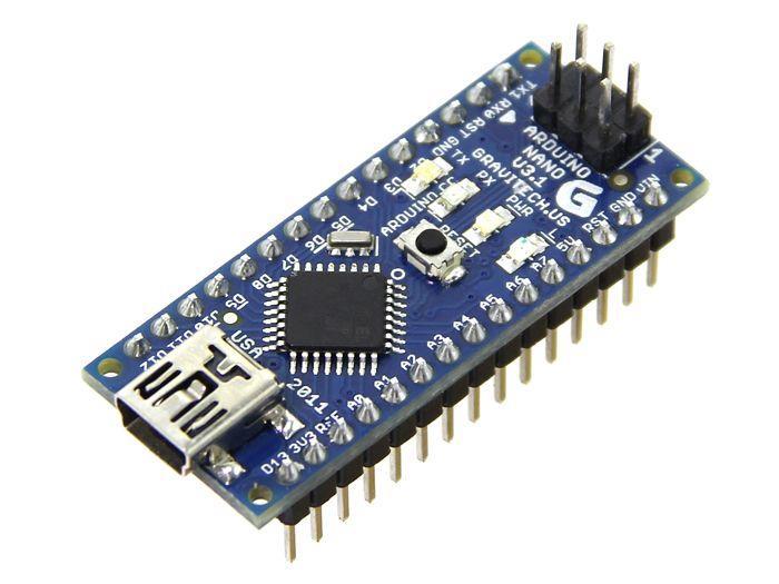 6 ELEMENTI 6.1 Arduino Nano Arduino Nano je majhno mikrokrmilniško vezje, ki je prilagojeno za vstavljanje na testno ploščo (breadboard), in temelji na mikrokontrolerju ATmega328p.