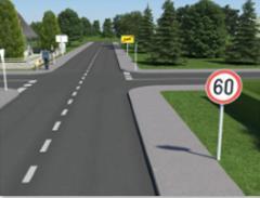 S kakšno največjo dovoljeno hitrostjo smete v prikazani situaciji voziti takoj za križiščem? a. 50 km/h. b. 60 km/h. c. 90 km/h.