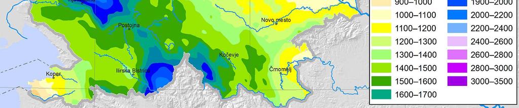 Mean annual precipitation in Slovenia, reference period 1981 21 Jesen 4 je v Davči in okolici običajno najbolj namočen letni čas, jesensko referenčno povprečje je 571 mm.