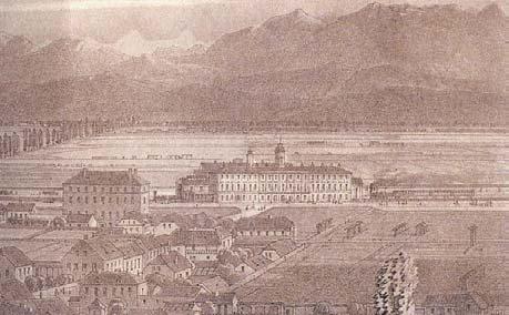 Slika 10: Ljubljanska železniška postaja iz sredine 19. stoletja (levo) in Deželni dvorec, današnja Univerza, ob koncu 19.