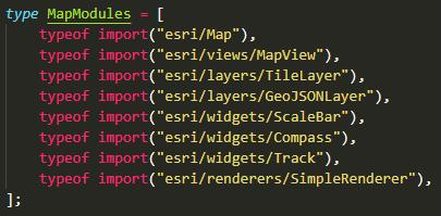- esri/map, - esri/views/mapview, - esri/layers/tilelayer, - esri/layers/geojsonlayer, - esri/renderers/simplerenderer, - esri/widgets/scalebar, - esri/widgets/compass in esri/widgets/track.