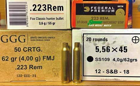 LOVSKI NABOJI Slika 3: Strelivo in tulci.223 Remington in 5,56 x 45mm NATO se na zunaj ne razlikujejo. povečanje hitrosti v primerjavi z.222 Remington (slika 1).
