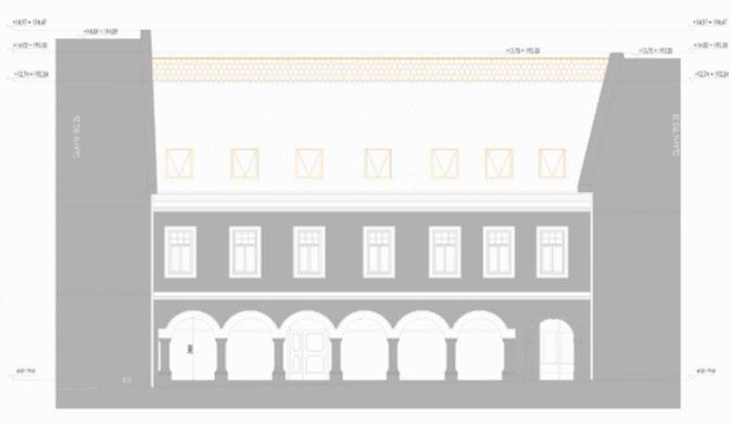 Slika 14: Prikaz načrtovane gradnje, poenotenje višine slemena s sosednjim objektom Vir: Idejna zasnova, REKONSTRUKCIJA