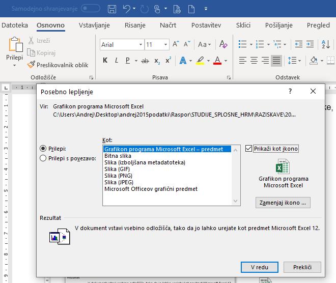 Slika 63: Ikona kot povezava na dokument Grafikon programa Microsoft Excel Preizkusite različne tehnike vnosa slik in tabel v vaš dokument, da boste videli, kakšna je grafična in druga razlika (Vaja