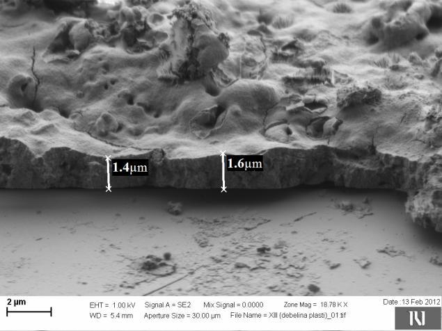 Plasti iz solov CC imajo debeline od 1,4 do 2,2 µm. Pri plasti s kompozitom TiO 2 CC+SBA-15 slikanje ni uspelo.