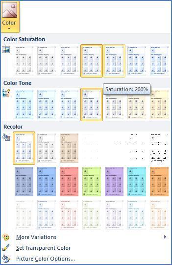 Barva (Color) slike 28 Z izbiro orodja Barva (Color) v skupini Prilagodi (Adjust) razdelka Orodja za slike (Picture Tools), sliki spremenimo nasičenost, odtenek barve, lahko jo znova obarvamo ali