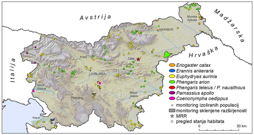 13 Slika 1: Pregledana območja sklenjene razširjenosti, območja robnih in izoliranih populacij ter območji populacijskega monitoringa z metodo MRR za posamezne vrste metuljev v letu 2017.