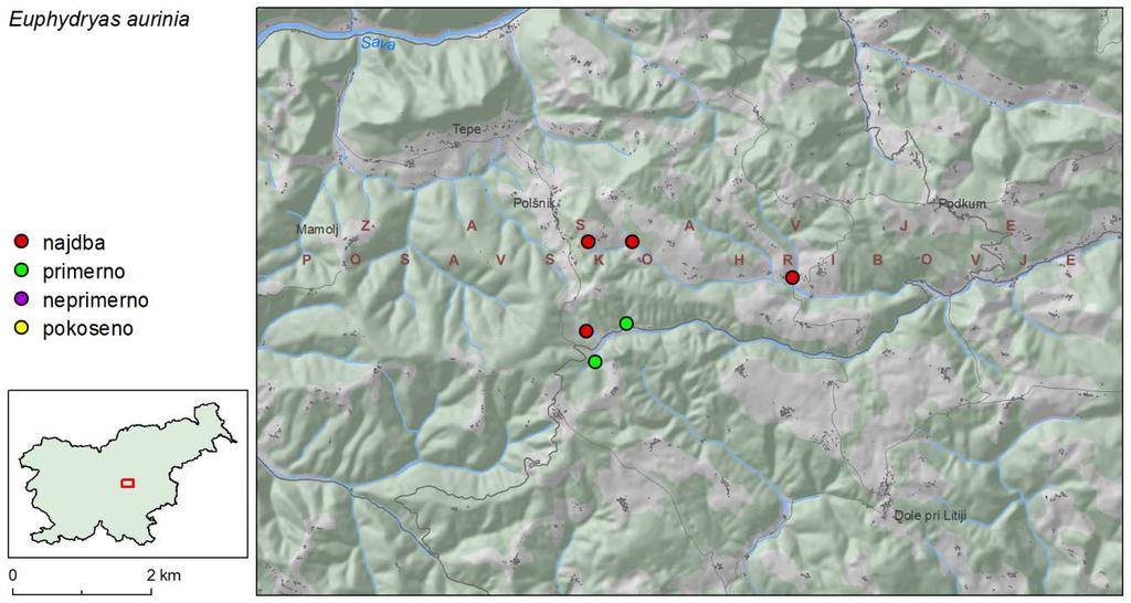 46 Slika 33: Prisotnost vrste in stanje habitata na območju monitoringa robnih in izoliranih populacij travniškega postavneža (Euphydryas aurinia) v okolici Kranjske Gore v letu