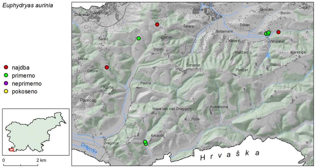 47 Slika 35: Prisotnost vrste in stanje habitata na območju monitoringa robnih in izoliranih populacij travniškega postavneža (Euphydryas aurinia) na Gorenjskem v letu 2017.