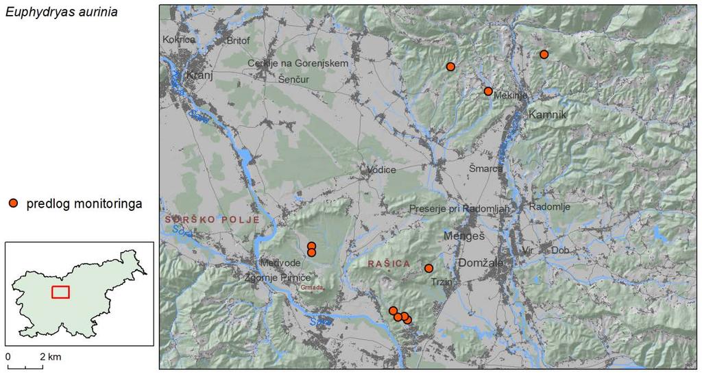 55 Slika 47: Razporeditev lokalitet predlaganih za dolgoročni monitoring izoliranih populacij travniškega postavneža (Euphydryas aurinia) na