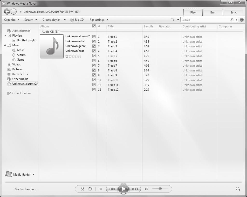 Uporaba programa Windows Media Player Kopiranje glasbe s CD-ja 1 Vstavite CD v pogon CD-ROM in zaženite program Windows Media