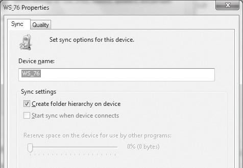 Če želite preveriti nastavitve, kliknite možnost [Create folder hierarchy on device]. Če prekličete in sinhronizirate datoteko, se bo prenesla v mapo [Home] in ne bo prikazana.