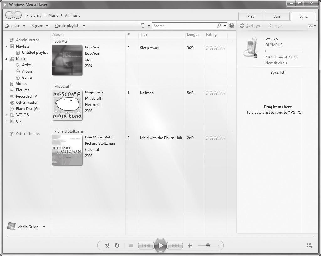 Uporaba programa Windows Media Player 4 Izberite želeno kategorijo v meniju [Library] na levi strani in izberite glasbene datoteke ali albume, ki jih želite prenesti v diktafon.