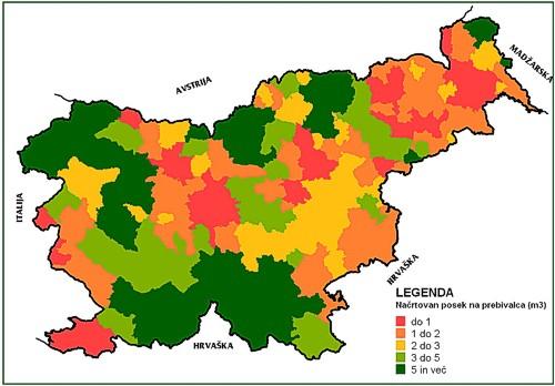 Slika 1: Največji možni posek na prebivalca v Sloveniji OBČINA BLED BOHINJ CERKLJE GORENJA JESENICE KRANJ KRANJSKA NA GORENJ. VAS - GORA POLJANE POVRŠINA - ha 7.229 33.373 7.804 15.326 7.584 15.