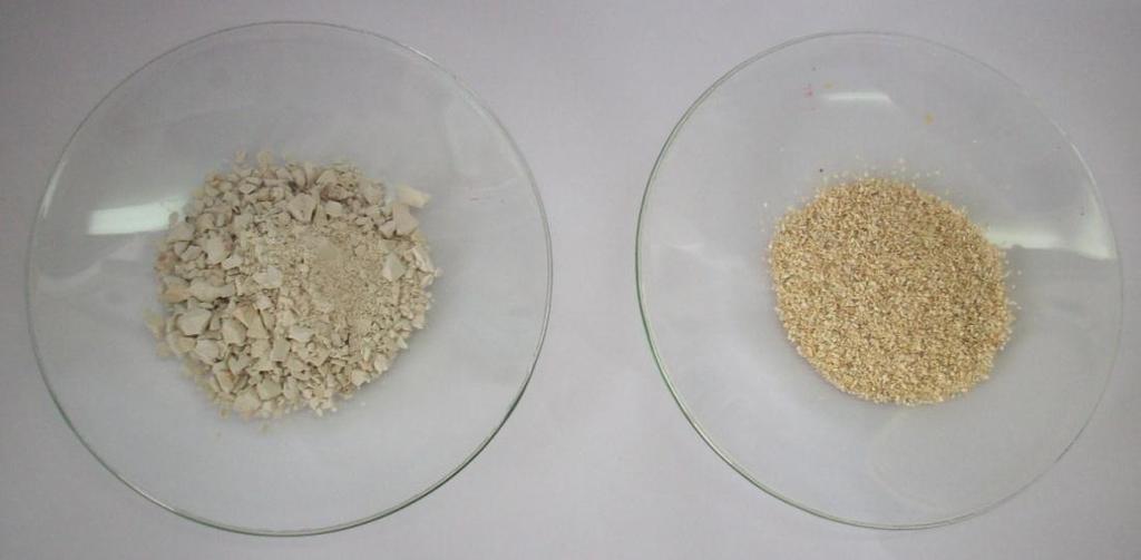 Stran 50 Odstranjevanje kroma iz izcedne vode s koagulacijo in adsorpcijo Slika 3 3: Naravna zeolita: iz Kosova (levo), iz Srbije (desno) Oba naravna zeolitna tufa smo analizirali z rentgensko