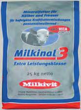 Milkinal 3 za teleta in bike z lastno krmno mešanico 80-100 g na žival in dan ali 4 v močno krmno mešanico
