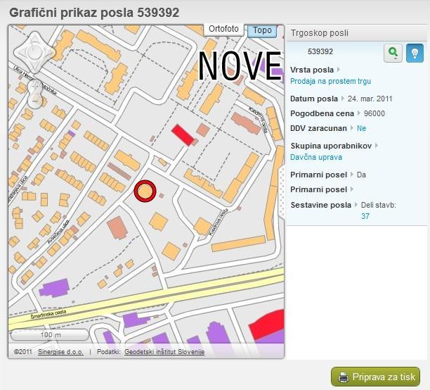 Primer grafičnega prikaza lokacij nepremičnin Grafični prikaz lokacij nepremičnin omogoča: Izbiro podlage za prikaz lokacije nepremičnine: karta ali
