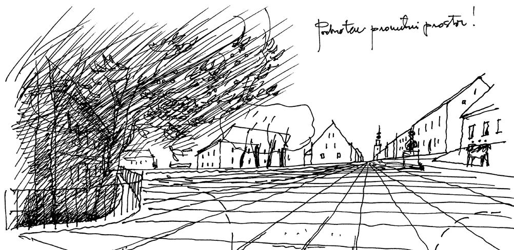Skica 3: Prikaz ureditve poenotenega tlakovanega skupnega prometnega prostora iz smeri Kranjčeve ulice proti cerkvi sv. Katarine Aleksandrijske. Prednosti Izboljšanje prometne kulture.