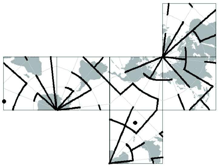 4. Labirint na zemljevidu (razlaga postopka reševanja ni potrebna) Na mreži je narisan zemljevid Zemlje. Narisani so nekateri vzporedniki in poldnevniki, ki razdelijo mrežo na polja.