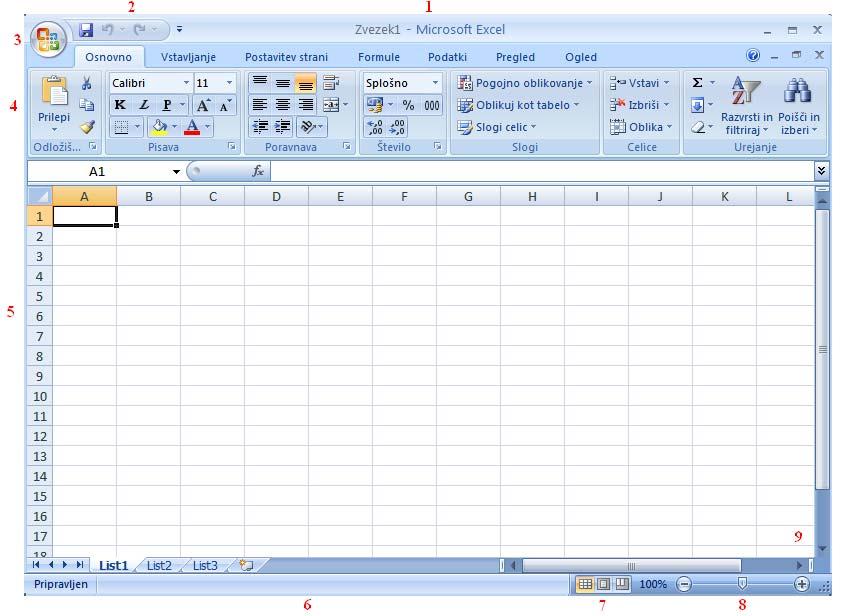 13.3 Excelovo delovno okno Excelovo delovno okno je razdeljeno v vrstice in stolpce, podatke pa urejamo tako, da jih vnesemo v to razpredelnico.
