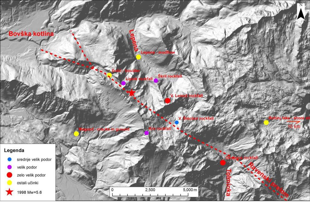 Večji skalni podori in nekateri drugi zanimivejši učinki potresa na naravno okolje so prikazani na slikah 4, 5 in 6, sitacijska karta teh pojavov pa je na sliki 3.