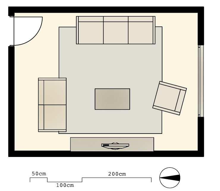 Idejna zasnova prostorske rešitve in vizualizacija dnevne sobe 6 enaka od vseh sedežev garniture.