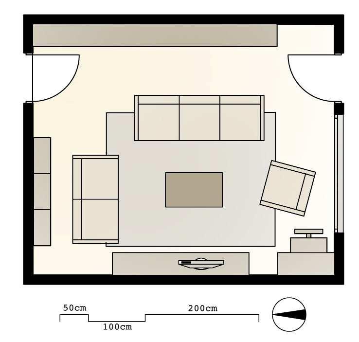 Idejna zasnova prostorske rešitve in vizualizacija dnevne sobe 8 velikost kavča. Prav tako pa ostale dele pohištva lahko zložimo in prilagajamo. Regale lahko zložimo ali raztegnemo.
