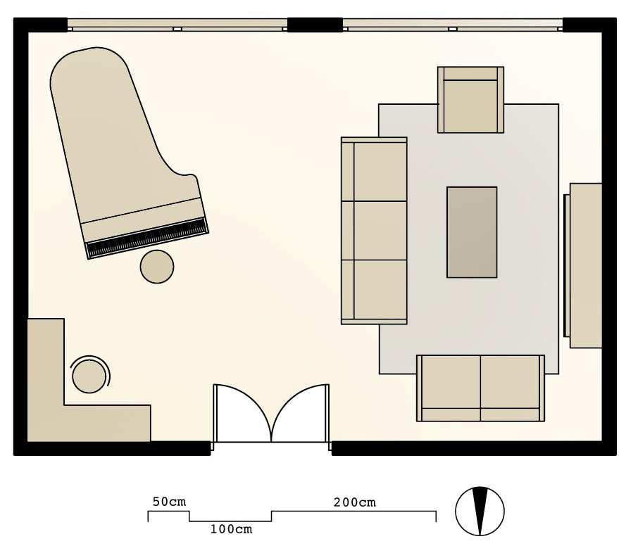 Idejna zasnova prostorske rešitve in vizualizacija dnevne sobe 11 2.9 Tloris razkošne dnevne sobe. 2.1.4 Glede na obliko - Kvadratna soba Je klasična rešitev, katero ima večina ljudi in daje vtis prostornosti.