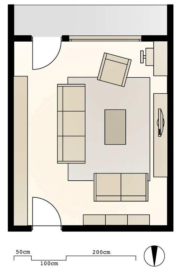 Idejna zasnova prostorske rešitve in vizualizacija dnevne sobe 12 postavitev pohištva kot kvadratne. Od velikosti in oblike je odvisno, kako bomo vso pohištvo namestili v dnevno sobo.