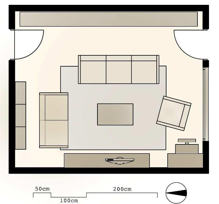 Idejna zasnova prostorske rešitve in vizualizacija dnevne sobe 14 vratnih in okenskih odprtin. Problem nastopi pri prehodu v dnevno sobo.