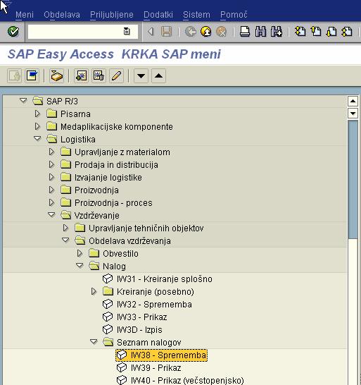 Pot do transakcije v SAP R/3 meniju (slika 84): Logistika/ Vzdrževanje/ Obdelava vzdrževanja/ Nalog/ Seznam nalogov.