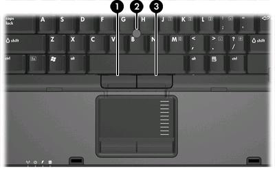Kazalna palica Naslednja slika in tabela opisujeta računalniške kazalne naprave. Komponenta Opis (1) Levi gumb kazalne palice Deluje kot levi gumb zunanje miške.